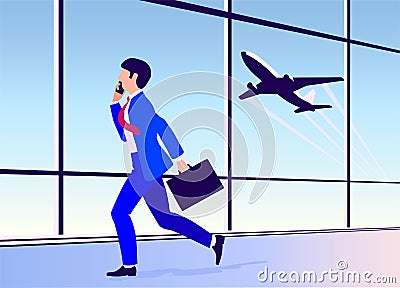 Vector illustration young man hurries on a plane at the airport Cartoon Illustration